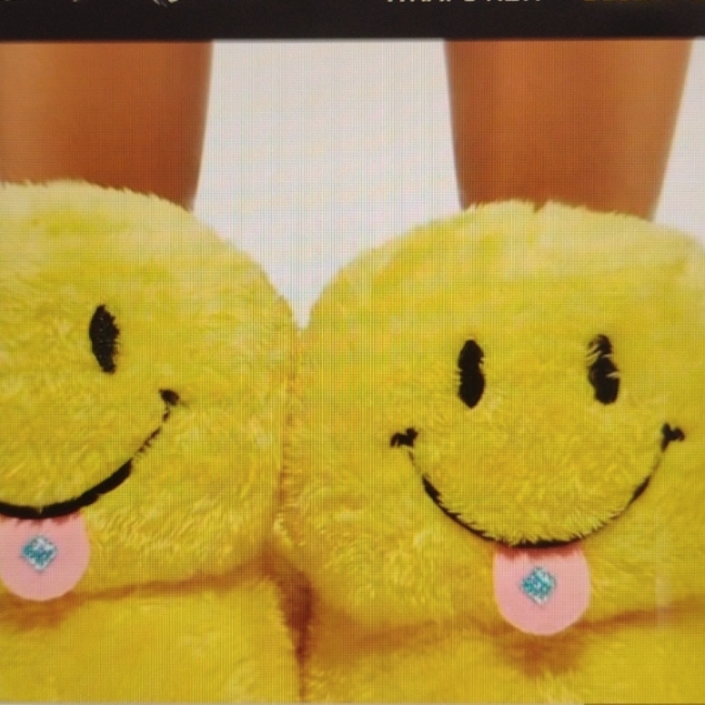 Dolls Kill Ditch Reality Fuzzy Slippers with Acid Smiley face in yellow